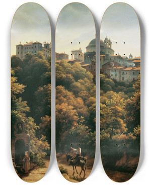 Triptych art skateboard deck of Johann Heinrich Schilbach Ansicht Von Ariccia by Johann Heinrich Schilbach (1798-1851)