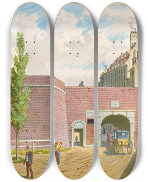 Triptych art skateboard deck of Franz Gerasch Das Fischertor In Wien by Franz Gerasch (1826-1906)