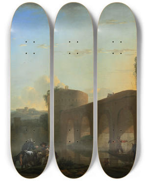 Triptych art skateboard deck of Jan Asselijn The Tiber River With The Ponte Molle At Sunset by Jan Asselijn (1610-1652)