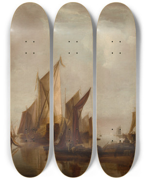 Triptych art skateboard deck of Jan Van De Cappelle A State Yacht And Other Craft In Calm Water by Jan van de Cappelle (1626-1679)