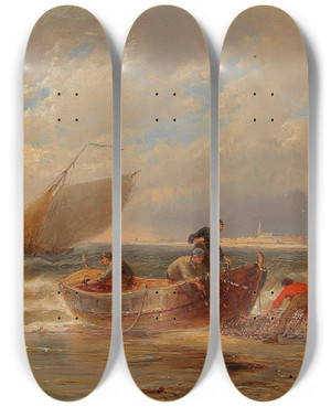 Triptych art skateboard deck of Pieter Cornelis Dommersen Ankommende Fischer by Pieter Cornelis Dommersen (1833-1918)
