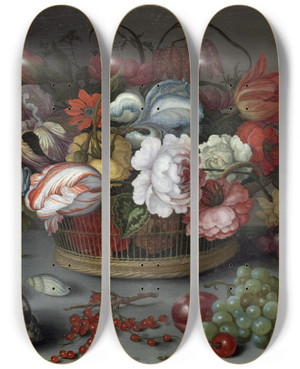 Triptych art skateboard deck of Balthasar Van Der Ast Basket Of Flowers by Balthasar Van Der Ast (1593-1657)