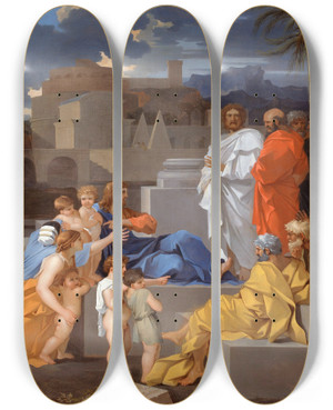 Triptych art skateboard deck of Sbastien Bourdon Christ Receiving The Children by Sebastien Bourdon (1616-1671)