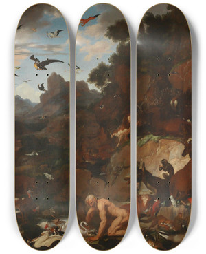 Triptych art skateboard deck of Carl Borromus Andreas Ruthart Nebuchadnezzars Madness by Carl Borromaus Andreas Ruthart (1630-1703)