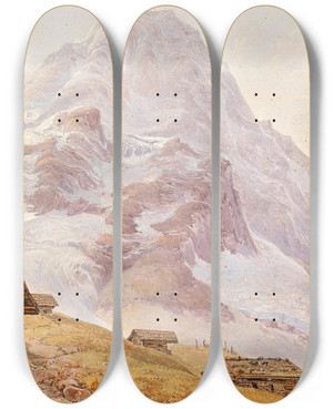 Triptych art skateboard deck of Franz Steinfeld Huts On A Mountain Pasture by Franz Steinfeld (1787-1868)