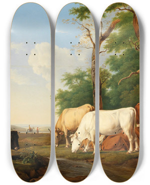 Triptych art skateboard deck of Alexander Johann Dallinger Von Dalling Cows In A Meadow by Alexander Johann Dallinger Von Dalling (1783-1844)