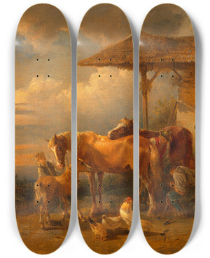 Triptych art skateboard deck of Friedrich August Matthias Gauermann Dorfschmiede by Friedrich August Matthias Gauermann (1807-1862)