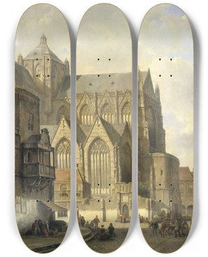 Triptych art skateboard deck of Kasparus Karsen View In A Town by Kasparus Karsen (1810-1896)