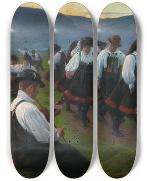 Triptych art skateboard deck of Gustav Wentzel Dance In Setesdal by Gustav Wentzel (1859-1927)