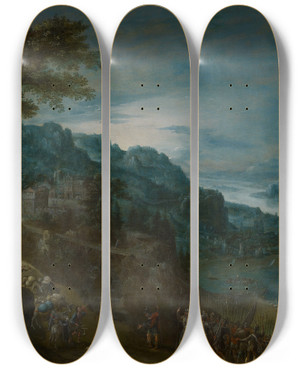 Triptych art skateboard deck of Marten Van Valckenborch The Reconciliation Of Jacob Andesau by Marten Van Valckenborch (1534-1612)