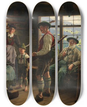 Triptych art skateboard deck of Emil Rau Rast Des Jgers Auf Der Alm by Emil Rau (1858-1937)