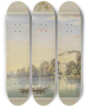 Triptych art skateboard deck of Carl Ludwig Frommel Album Der Insel Mainau Ansicht Des Schlosses Vom See Her by Carl Ludwig Frommel (1789-1863)