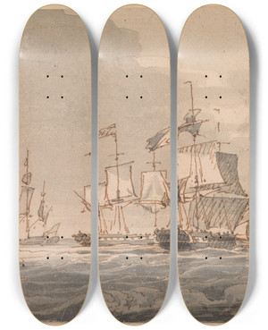 Triptych art skateboard deck of John Cleveley The Younger Menofwar Off The Coast by John Cleveley The Younger