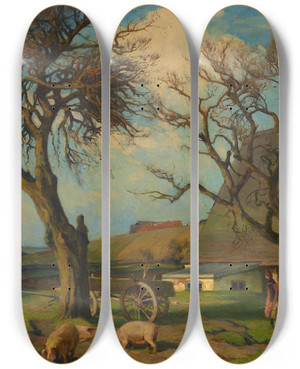 Triptych art skateboard deck of Richard Eschke Old Apple Trees by Richard Eschke (1859-1944)