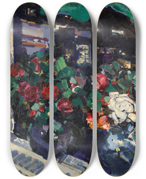 Triptych art skateboard deck of Konstantin Alexeevich Korovin Roseson A Window Sill Gurzuf by Konstantin Alexeevich Korovin (1861-1939)