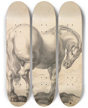 Triptych art skateboard deck of Giovanni Battista Foggini Study Of A Stallion by Giovanni Battista Foggini (1652-1725)