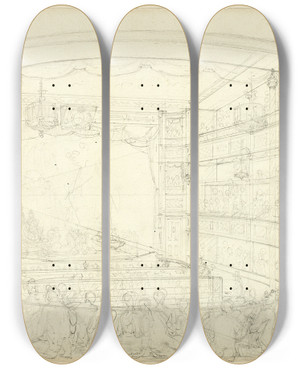 Triptych art skateboard deck of Augustus Charles Pugin Study For Sadlers Wells Theater_2 by Augustus Charles Pugin (1762-1832)