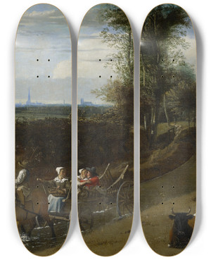 Triptych art skateboard deck of Jan Siberechts Carriage In A Riverbed by Jan Siberechts (1627-1703)