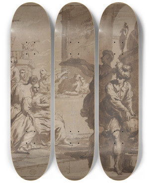 Triptych art skateboard deck of Antonio Gionima The Feast Of Belshazzar by Antonio Gionima (1697-1732)