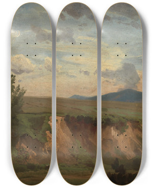 Triptych art skateboard deck of Johann Wilhelm Schirmer Sdfranzsische Landschaft Mit Kahler Bschung by Johann Wilhelm Schirmer (1807-1863)