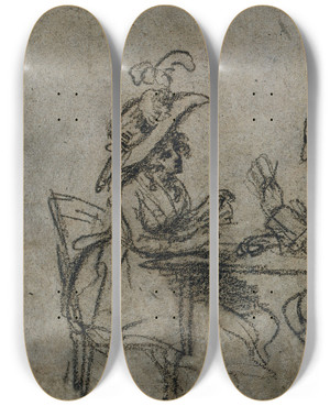 Triptych art skateboard deck of Benjamin West Woman And Man Playing Cards Verso by Benjamin West (1738-1820)