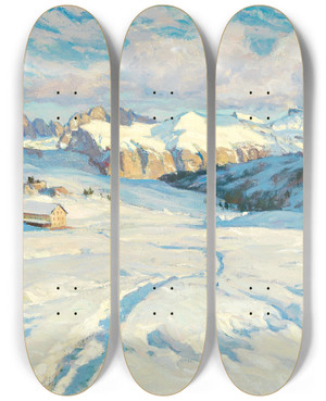Triptych art skateboard deck of Carl Olynch Of Town Winter Landscape by Carl O'Lynch of Town (1869-1942)