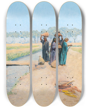 Triptych art skateboard deck of Alphons Leopold Mielich Fellahin Motif On The Road To Giza Near Cairo by Alphons Leopold Mielich (1863-1929)