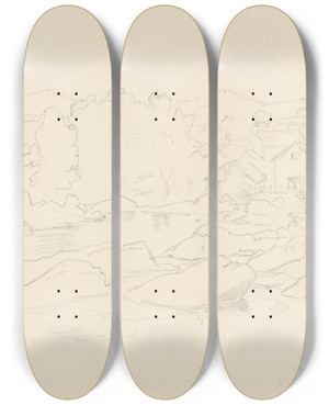 Triptych art skateboard deck of Hans Gude Landskapsriss by Hans Gude (1825-1903)