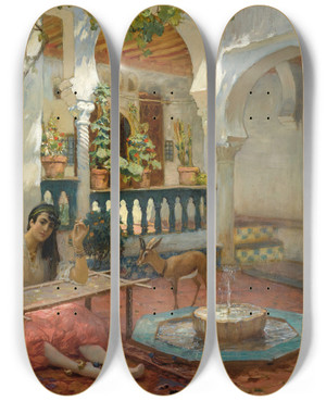 Triptych art skateboard deck of Frederick Arthur Bridgman The Weaver by Frederick Arthur Bridgman (1847-1928)