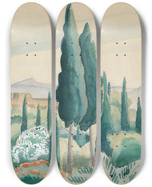 Triptych art skateboard deck of Gerda Wegener Udsigt Over Marokkansk Landskab I Forgrunden Pinjer by Gerda Wegener (1886-1940)