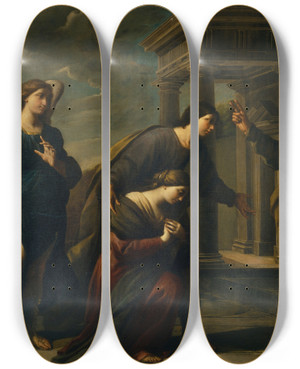 Triptych art skateboard deck of Andrea Vaccaro Raguels Blessing Of Her Daughter Sarah Before Leaving Ecbatana With Tobias by Andrea Vaccaro (1604-1670)