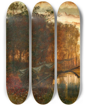 Triptych art skateboard deck of Ferdinand Knab A Sail Boat On The Shore At Dusk by Ferdinand Knab (1834-1902)
