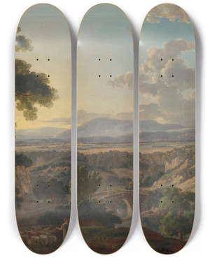 Triptych art skateboard deck of Peter Birmann Italian Landscape With Shepherds by Peter Birmann (1758-1844)