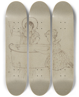 Triptych art skateboard deck of Kate Greenaway Children Sailing Boats by Kate Greenaway (1846-1901)