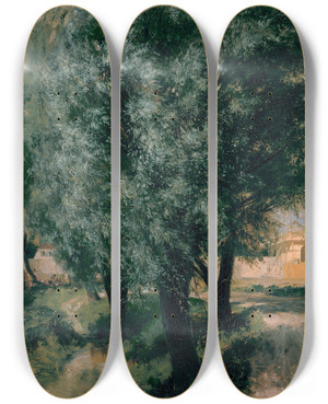 Triptych art skateboard deck of Adolph Von Menzel Building Site With Willows by Adolph Von Menzel (1815-1905)