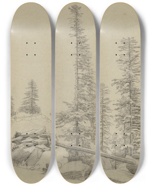Triptych art skateboard deck of Johann Wilhelm Schirmer Spruce Trees At The Via Mala by Johann Wilhelm Schirmer (1807-1863)