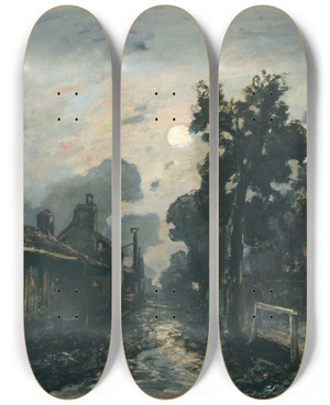 Triptych art skateboard deck of Johan Barthold Jongkind Une Rue Delft Le Soir by Johan Barthold Jongkind (1819-1891)