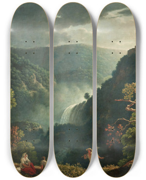 Triptych art skateboard deck of Carlo Labruzzi The Waterfalls Of Tivoli With Figures In The Foreground by Carlo Labruzzi (1748-1817)