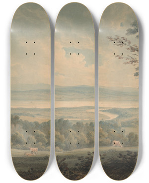 Triptych art skateboard deck of Edward Dayes The Meeting Of The Rivers Severn And Wye Near Chepstow by Edward Dayes (1763-1804)