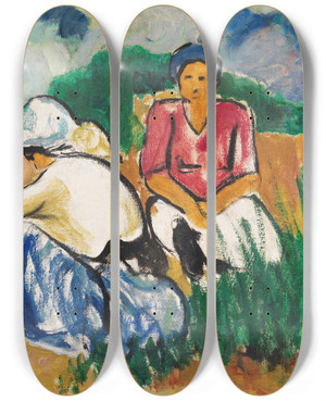 Triptych art skateboard deck of Arthur Segal Frauen Im Feld by Arthur Segal (1875-1944)