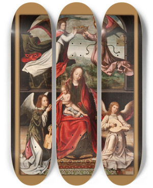 Triptych art skateboard deck of Marcellus Coffermans Triptych Of The Coronation Of The Virgin by Marcellus Coffermans (1520-1578)