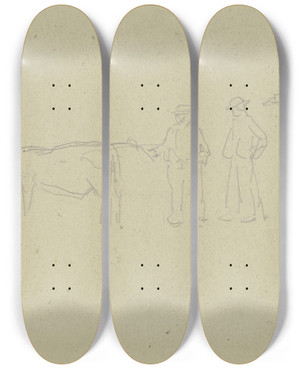 Triptych art skateboard deck of Jacob Happ Two Farmers With A Cow by Jacob Happ (1861-1936)