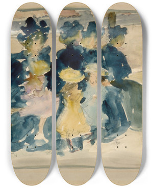 Triptych art skateboard deck of Maurice Prendergast Along The Boulevard by Maurice Prendergast (1858-1924)