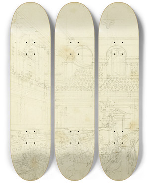 Triptych art skateboard deck of Augustus Charles Pugin Study For Foundling Hospital The Chapel From Microcosm Of London by Augustus Charles Pugin (1762-1832)