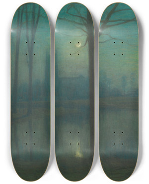 Triptych art skateboard deck of Charles Mertens Evening In Royston by Charles Mertens (1865-1919)