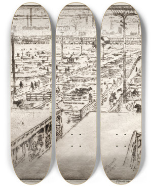 Triptych art skateboard deck of Joseph Pennell Stockyards Chicago by Joseph Pennell (1857-1926)