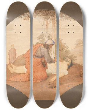 Triptych art skateboard deck of Eduard Von Steinle Der Barmherzige Samariter Selig Die Barmherzigen by Eduard Von Steinle (1810-1886)
