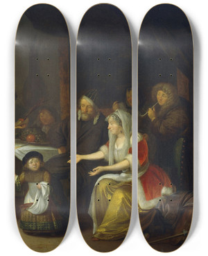 Triptych art skateboard deck of Richard Brakenburgh The Feast Of St Nicholas by Richard Brakenburgh (1650-1702)