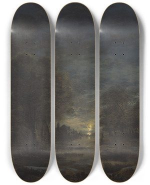 Triptych art skateboard deck of Aert Van Der Neer A Moonlit Landscape With An Inn Beside A River by Aert van der Neer (1603-1677)