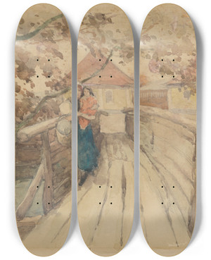 Triptych art skateboard deck of Udovt Ordk Wooden Bridge by udovt ordk (1865-1937)